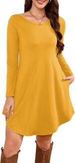 Women's Long Sleeve T Shirt Dress Crewneck Knee Length Loose Casual Flowy Swing Tunic Dresses with Pockets