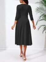 Women's Casual A-Line Dress Wedding Guest Cocktail Church Flare Swing Midi Dresses with 3/4 Sleeve V-Neck Belted - Image 5
