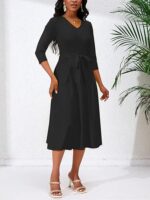 Women's Casual A-Line Dress Wedding Guest Cocktail Church Flare Swing Midi Dresses with 3/4 Sleeve V-Neck Belted - Image 2