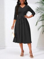 Women's Casual A-Line Dress Wedding Guest Cocktail Church Flare Swing Midi Dresses with 3/4 Sleeve V-Neck Belted
