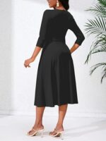 Women's Casual A-Line Dress Wedding Guest Cocktail Church Flare Swing Midi Dresses with 3/4 Sleeve V-Neck Belted - Image 3