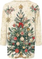 Womens Fashion 2025 Christmas Printed Funny Tshirts Xmas Holiday Tops Trendy Cute 3/4 Length Sleeve Round Neck Blouses - Image 3