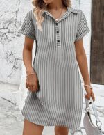Womens Cotton Shirt Dress Summer Casual Short Sleeve Button Down Beach Cover Up Shirts with Pockets - Image 2