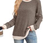Womens Tops Long Sleeve Shirts Lightweight Sweaters Loose Fit Crewneck Color Block Fall Fashion Outfits