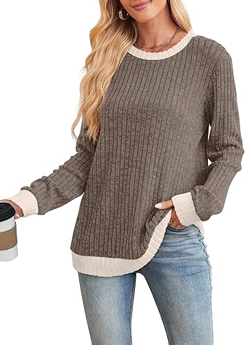 Womens Tops Long Sleeve Shirts Lightweight Sweaters Loose Fit Crewneck Color Block Fall Fashion Outfits