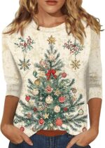 Womens Fashion 2025 Christmas Printed Funny Tshirts Xmas Holiday Tops Trendy Cute 3/4 Length Sleeve Round Neck Blouses - Image 4